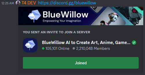Screenshot from the Discord platform, showing the server address for BlueWillow. The server shows more than 100k online users and a total member count of 2.2 million.